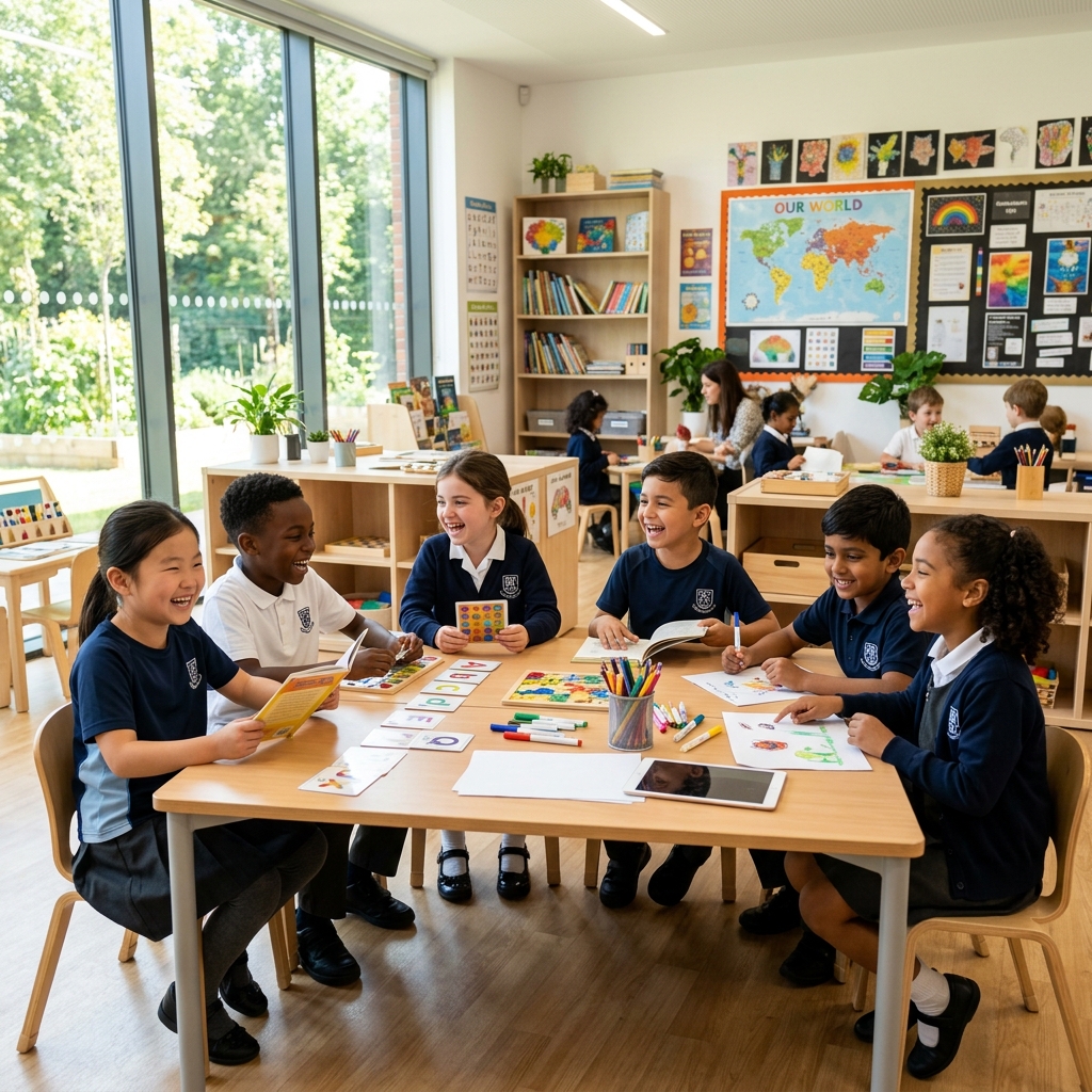 Students learning in modern classroom